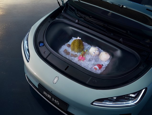 Ice, fruit, and beverages placed in the front trunk of the SAIC H5.