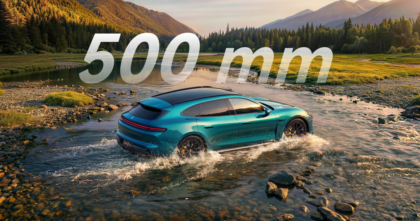 SAIC Z7T driving through water, showcasing its wading depth.